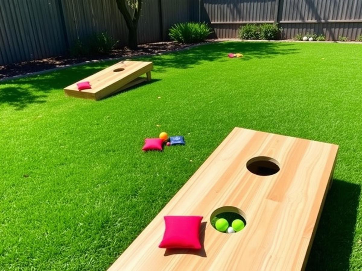 Custom cornhole golf course with wooden boards on grass
