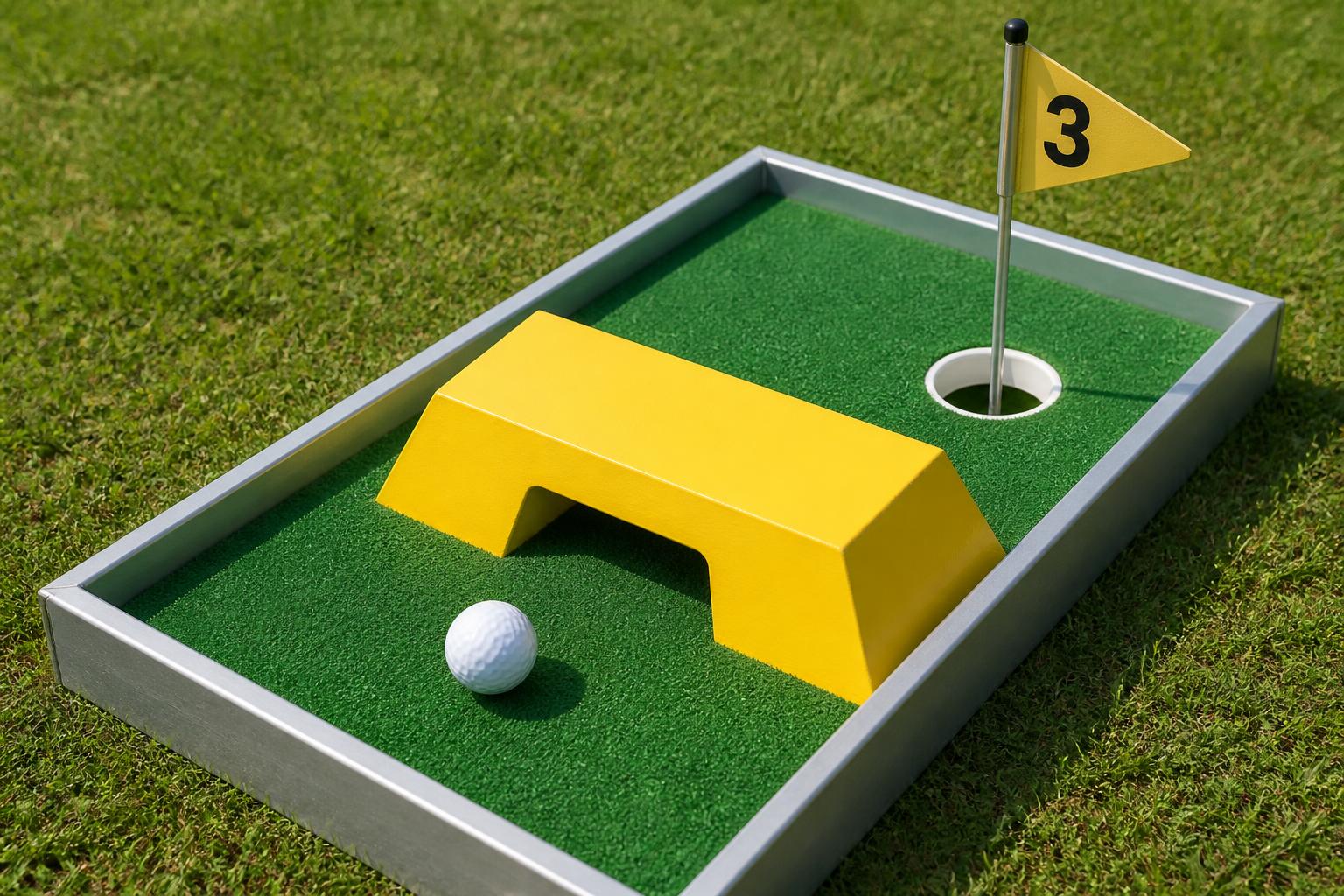 Portable mini golf hole on green turf with a red flag